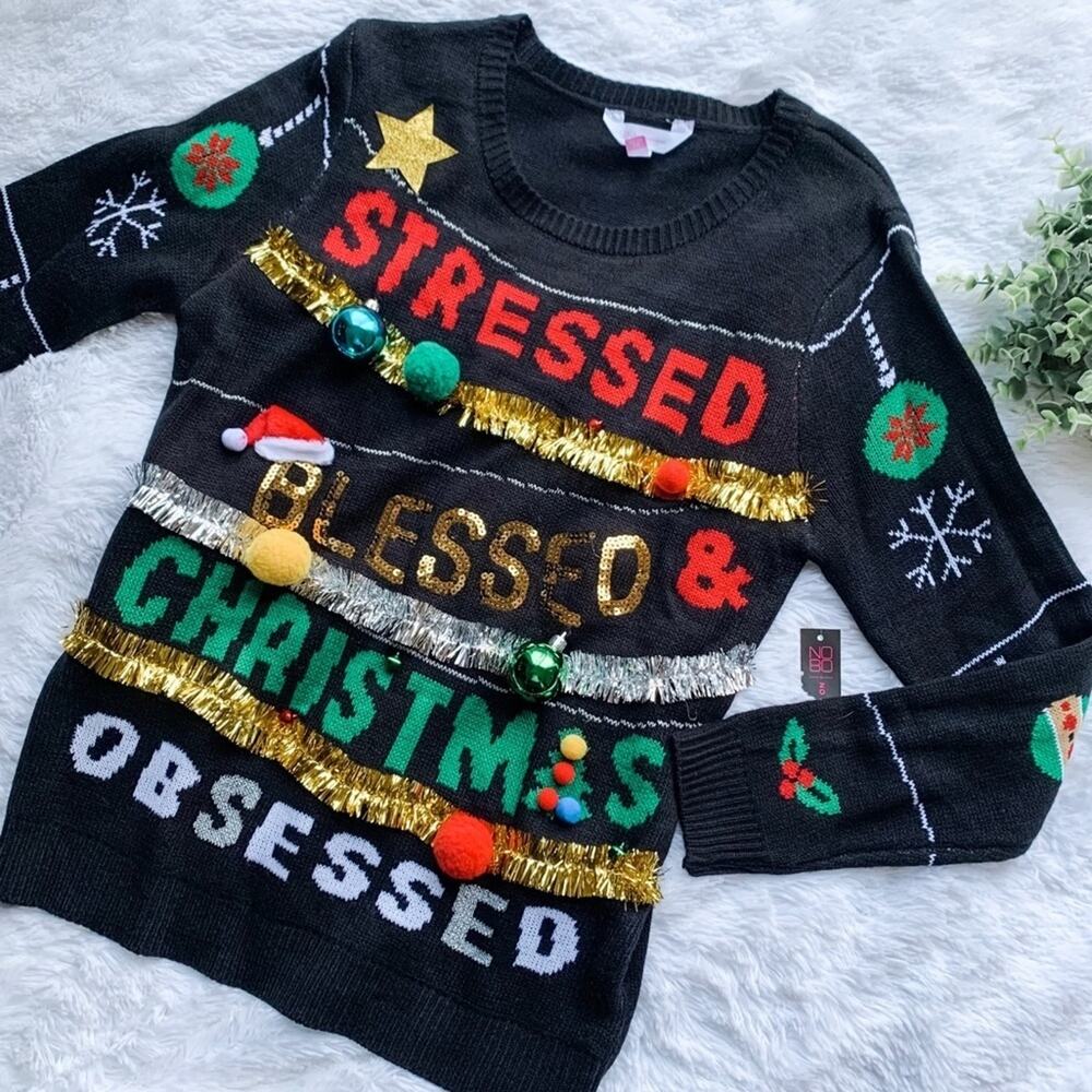 No Boundaries | NWT Size Large Stressed Blessed Christmas Obsessed Ugly Sweater